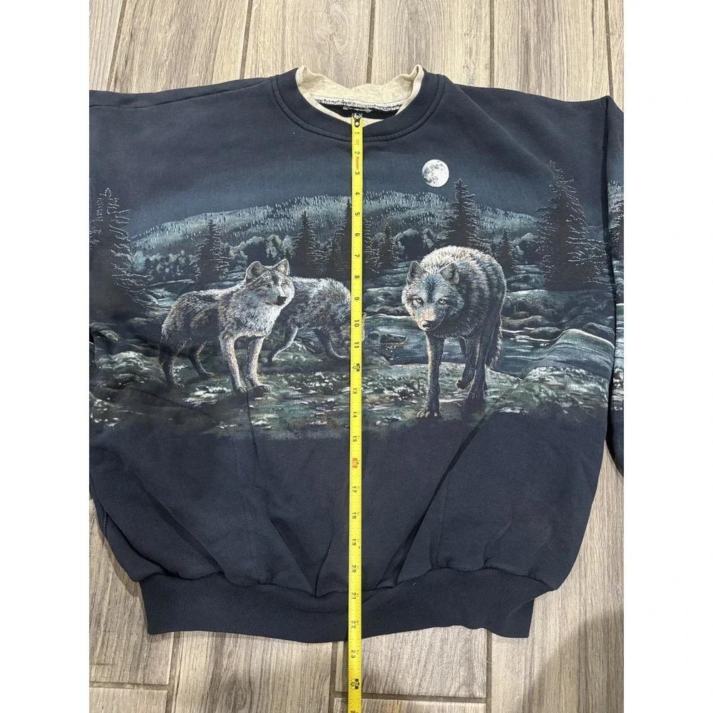 Vintage Men's Wolf Pack Moon Forest Graphic Sweatshirt Navy Blue Crew Neck XL